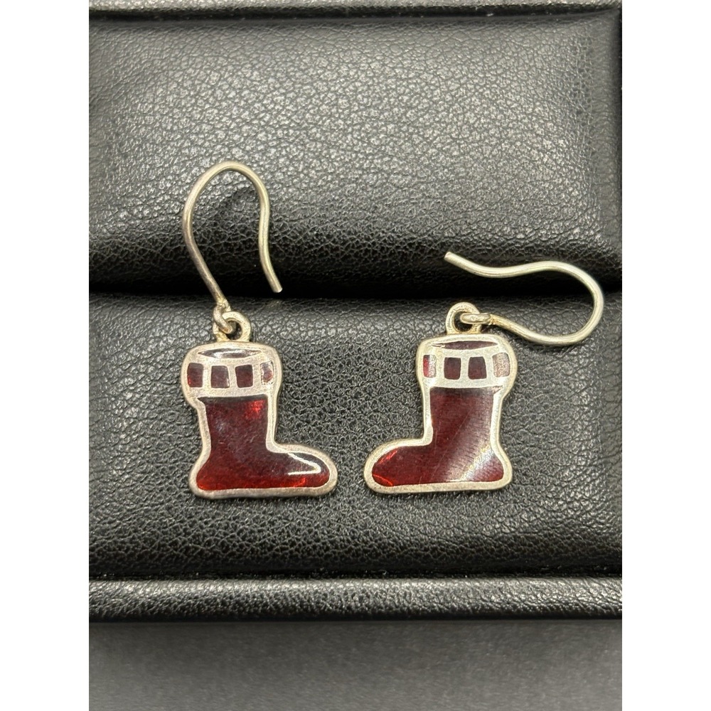 Vintage Sterling Silver Christmas Stocking Enamel Glass Earrings E18